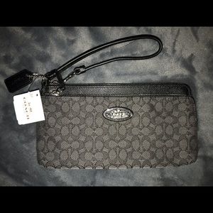 COACH black smoke signature double zip large wristlet